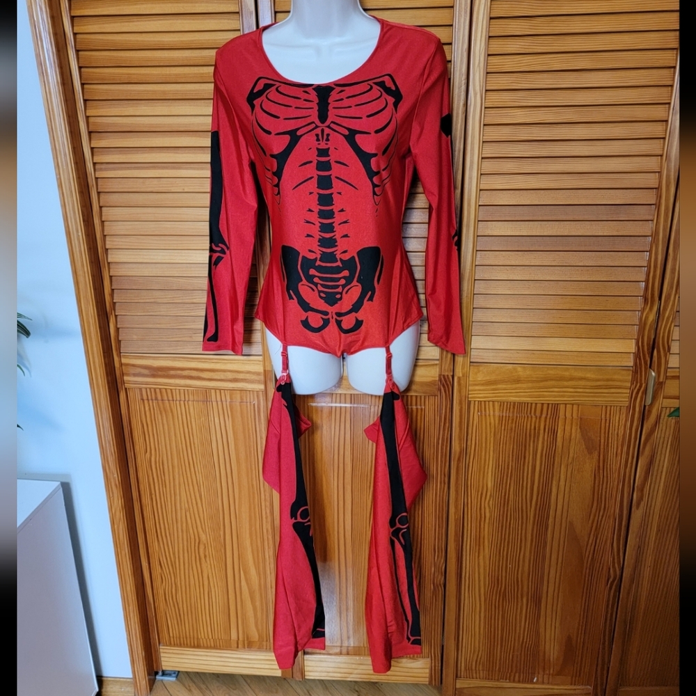 Skeleton Red and Black Halloween Sexy Bodysuit Costume One Size